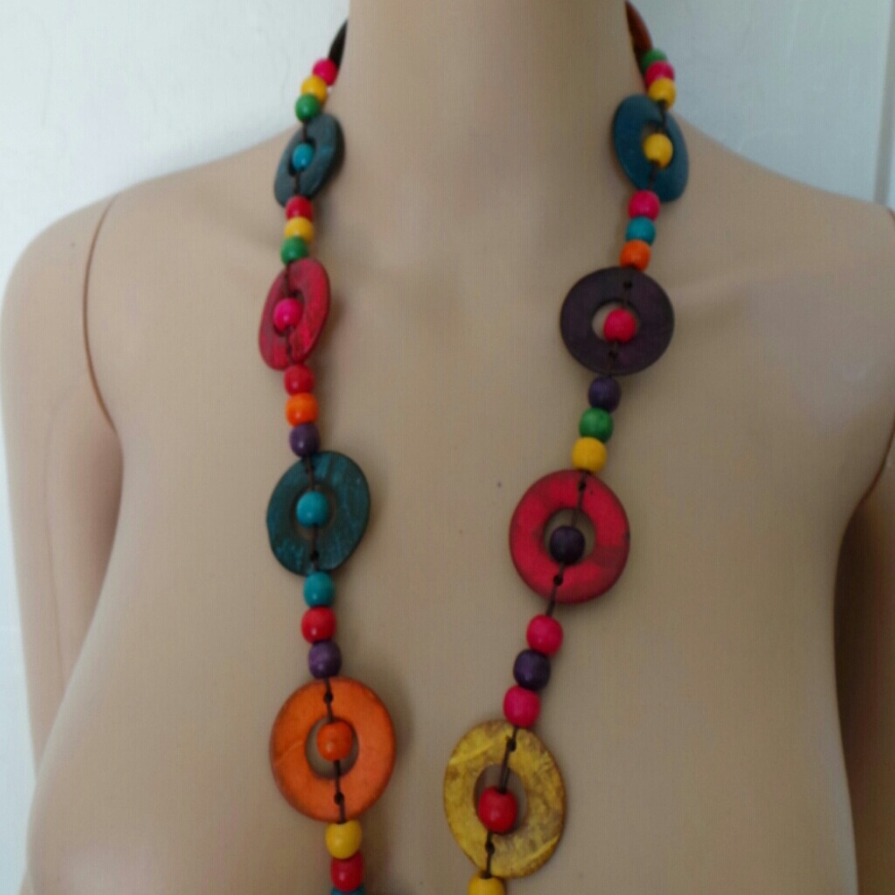 Multi Colorful long African beaded necklace - Picture 5 of 8