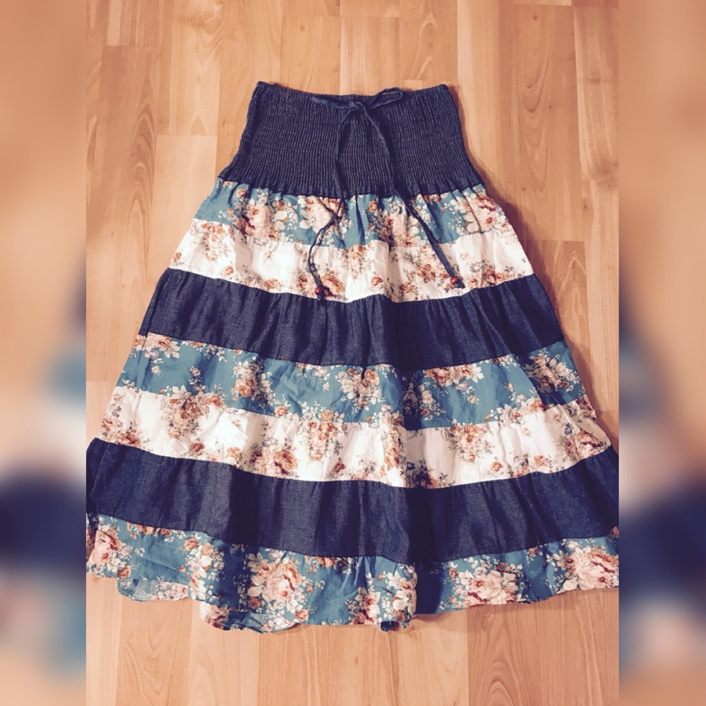 Blue floral and striped skirt