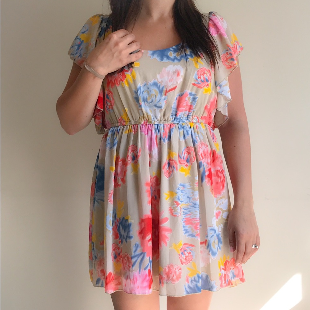 Floral patter tan mini dress