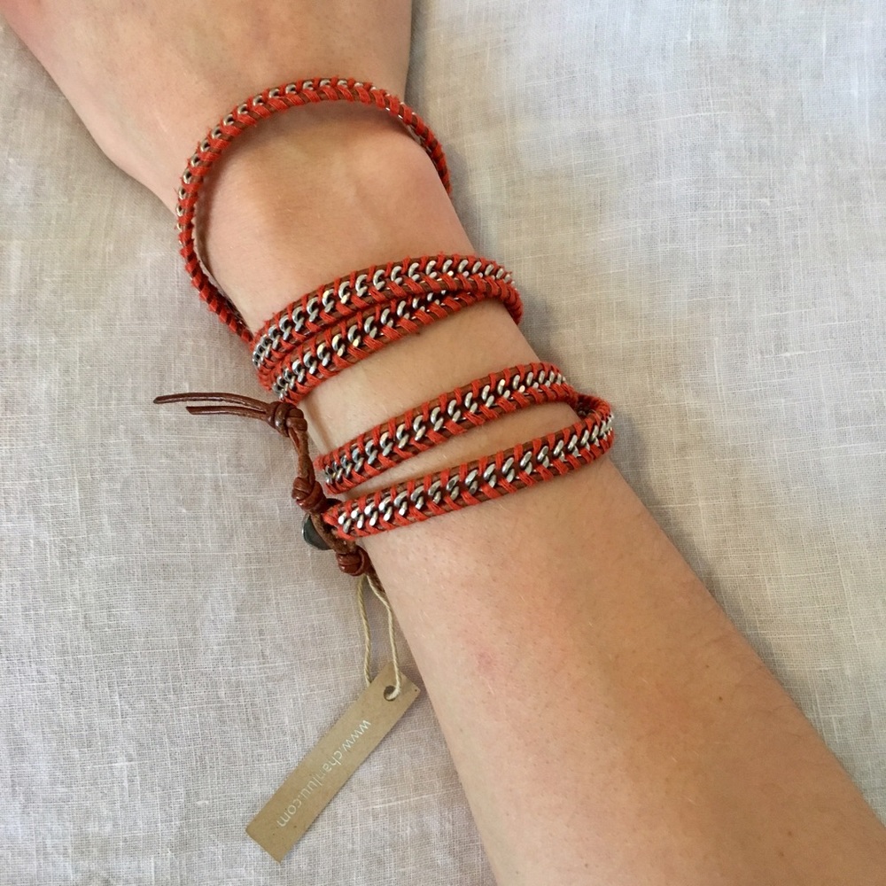 Chan Luu bracelet with metal chain base on red 32"