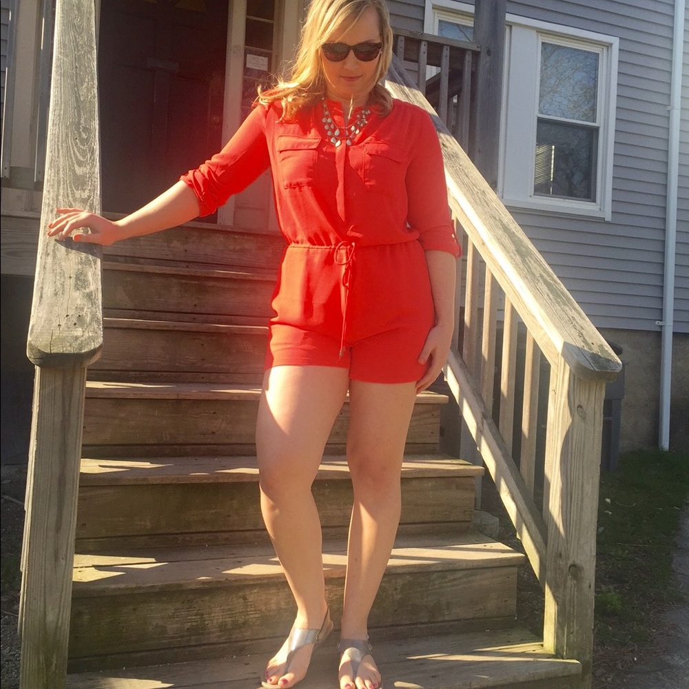 Coral crepe long sleeve shorts romper