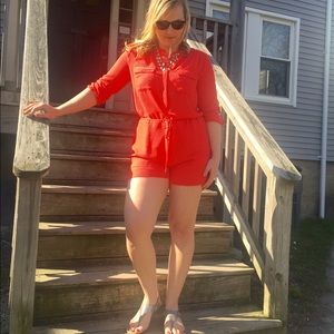 Coral crepe long sleeve shorts romper