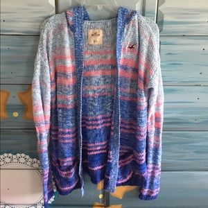 Hollister Blue and Coral Long Knit Hooded Cardigan
