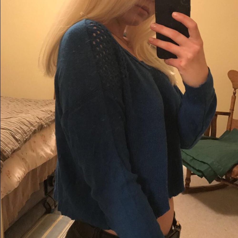 blue sweater with see through shoulders