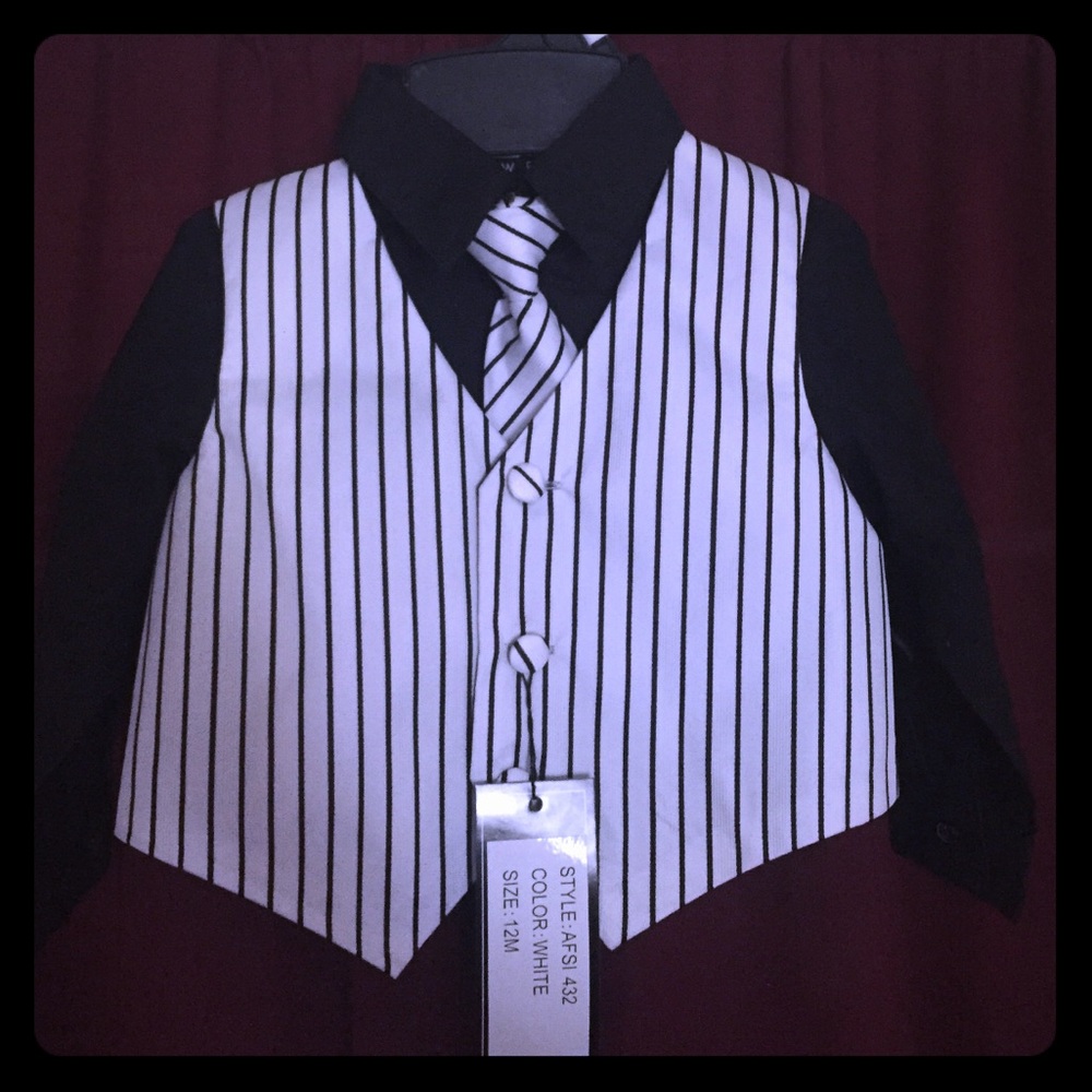 infant pin stripe vest, tie & black colored shirt