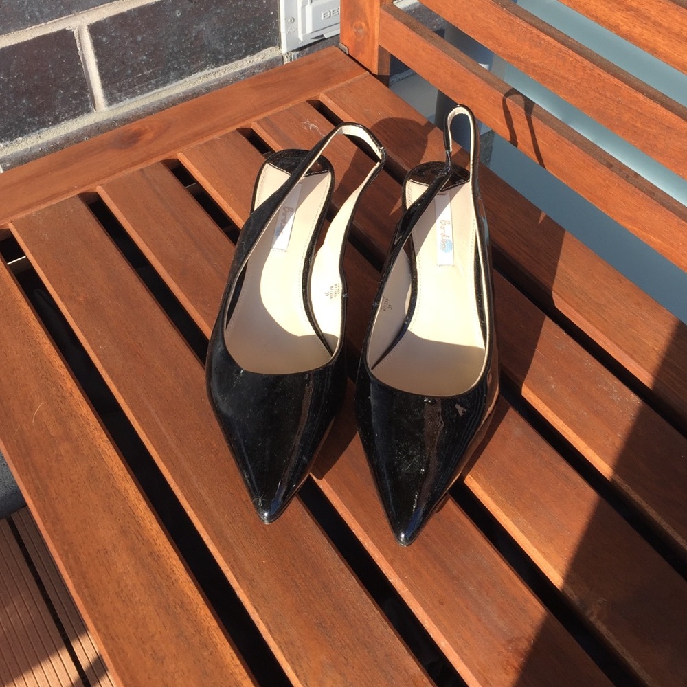 Sling back black patent kitten heels