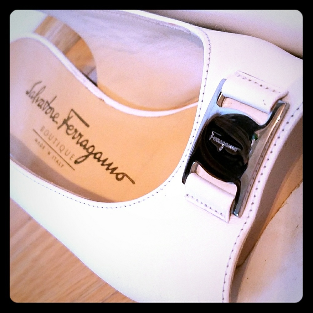 Ferragamo sling back white block heel open toe