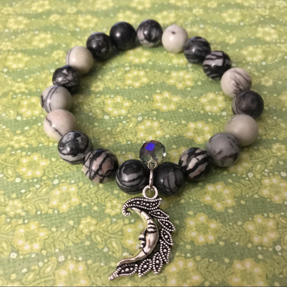 Jasper Stretch Bracelet with Silver Moon Charms