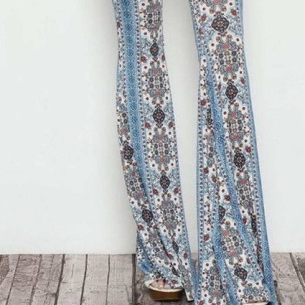 Blue Flower Print Bell Bottom Flowy Pants