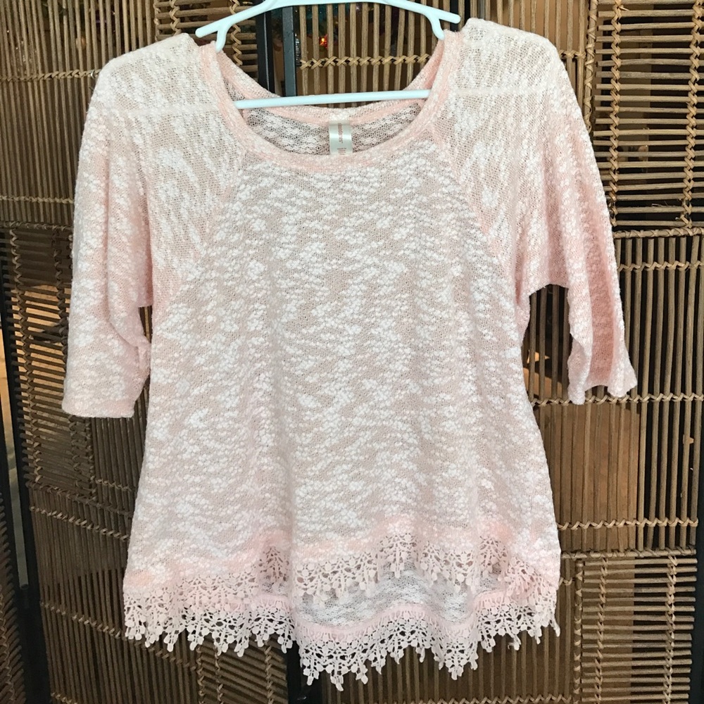 Blush Quarter Sleeve Sweater Top w/ Lace Trim