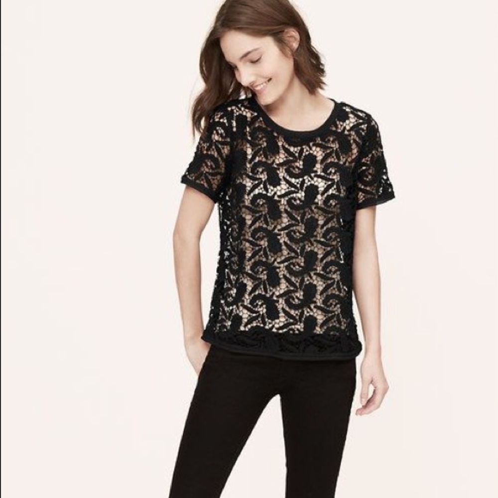 LOFT Lace Crochet See-Through LOFT Top Black XSP