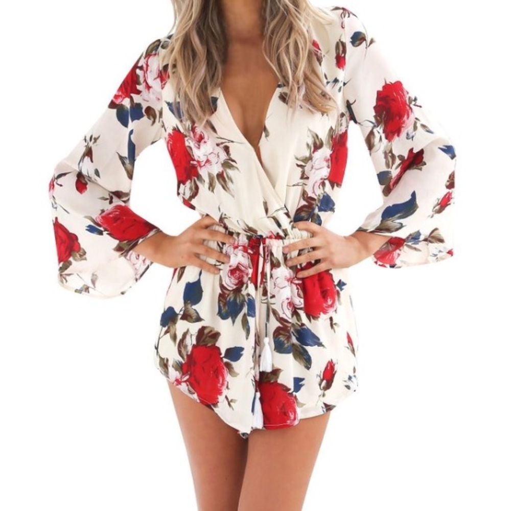 Women's Flare Sleeve Floral Faux Wrap Loose Romper - Picture 2 of 4