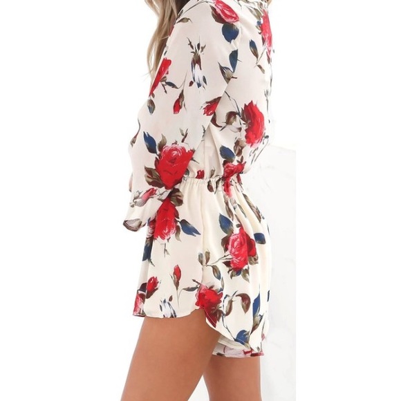 Women's Flare Sleeve Floral Faux Wrap Loose Romper - Picture 4 of 4