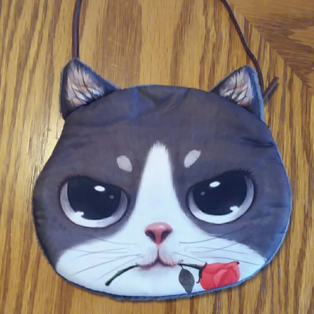 Cat zipper coin purse w/ leather shoulder strap - Picture 2 of 6