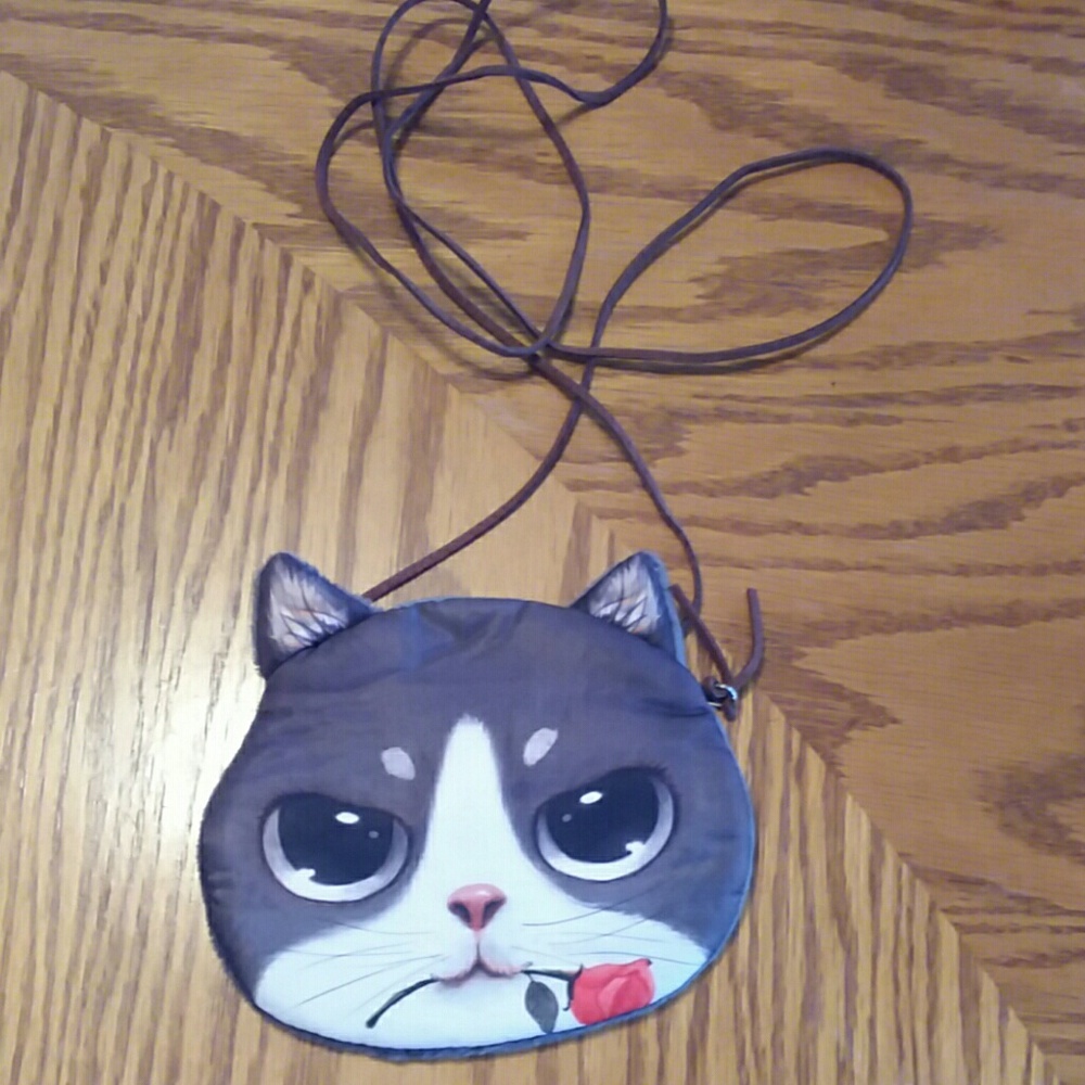 Cat zipper coin purse w/ leather shoulder strap - Picture 4 of 6