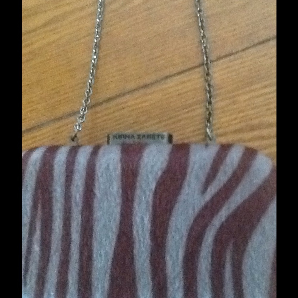 Kirna Zabete maroon grey pony hair stripped purse
