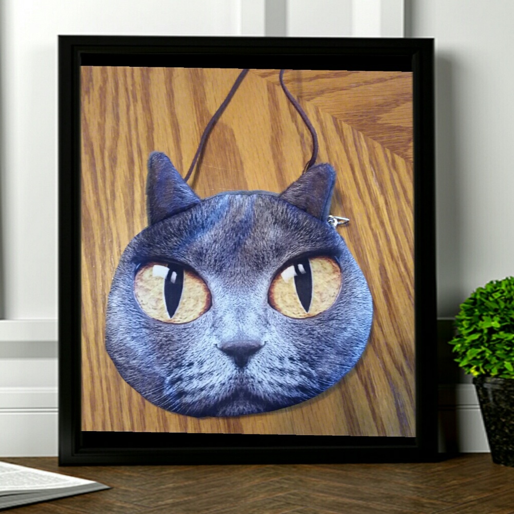 Cat zipper coin purse w/ leather shoulder strap