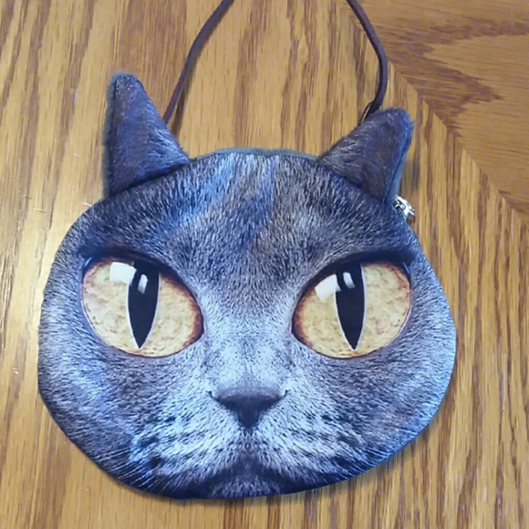 Cat zipper coin purse w/ leather shoulder strap - Picture 2 of 6