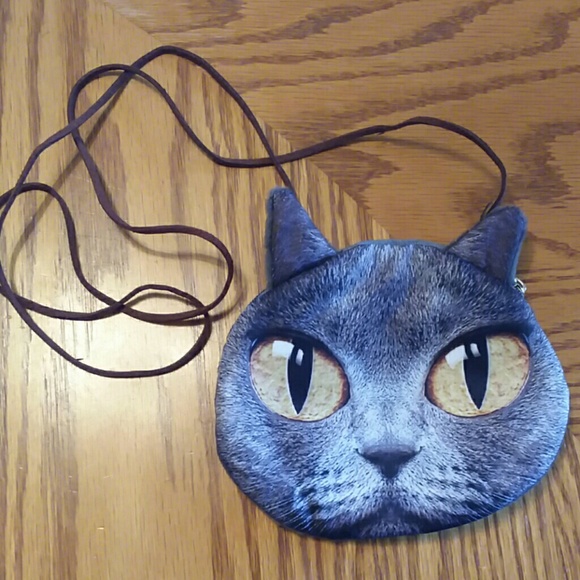 Cat zipper coin purse w/ leather shoulder strap - Picture 4 of 6