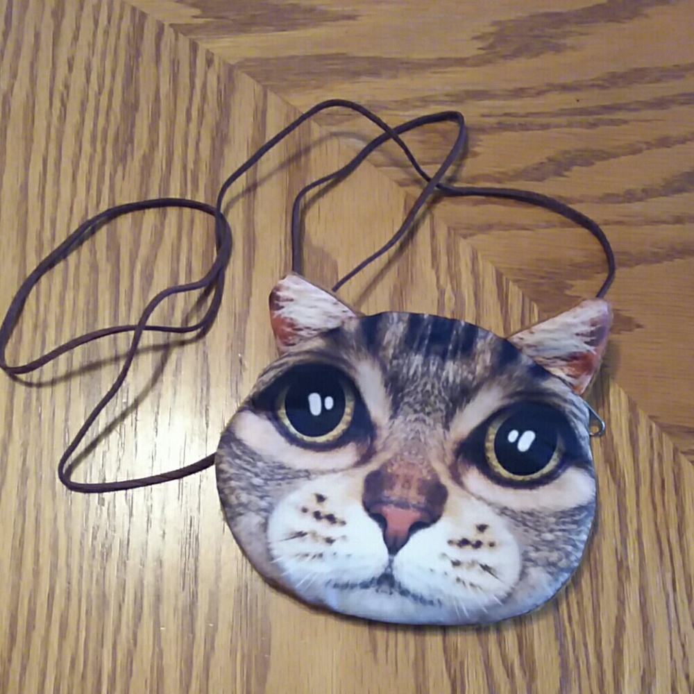 Cat zipper coin purse w/ leather shoulder strap - Picture 4 of 6