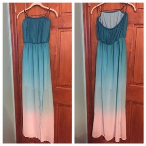 Beautiful turquoise ombré strapless maxi dress