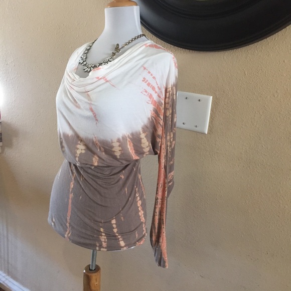 Phanuel cream, brown, peach tie dye cowl neck top - Picture 2 of 8