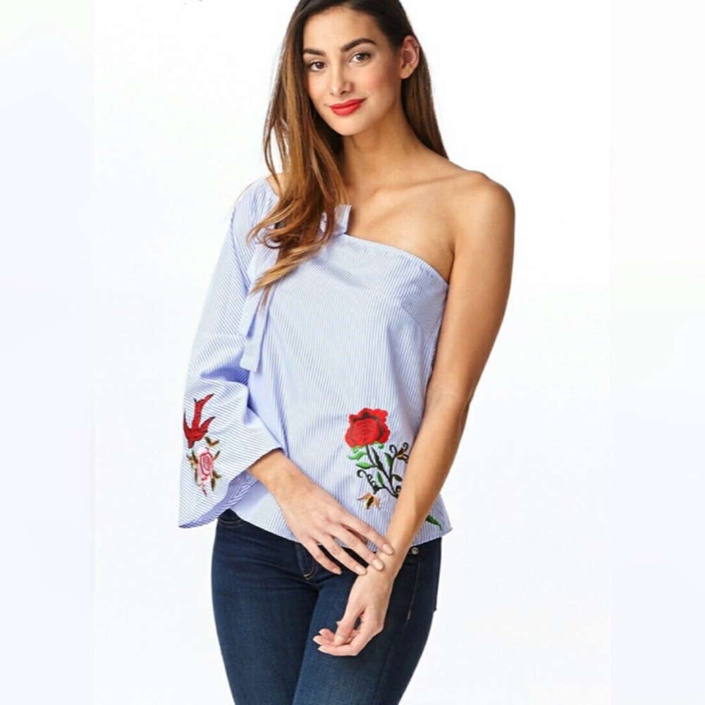One Shoulder Rose Embroidered Blouse