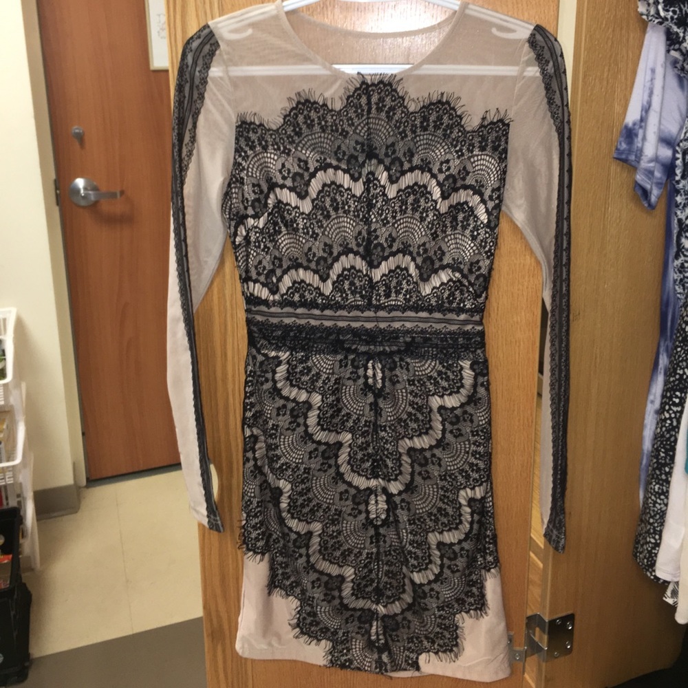 Sheer long sleeve dress, tan and black