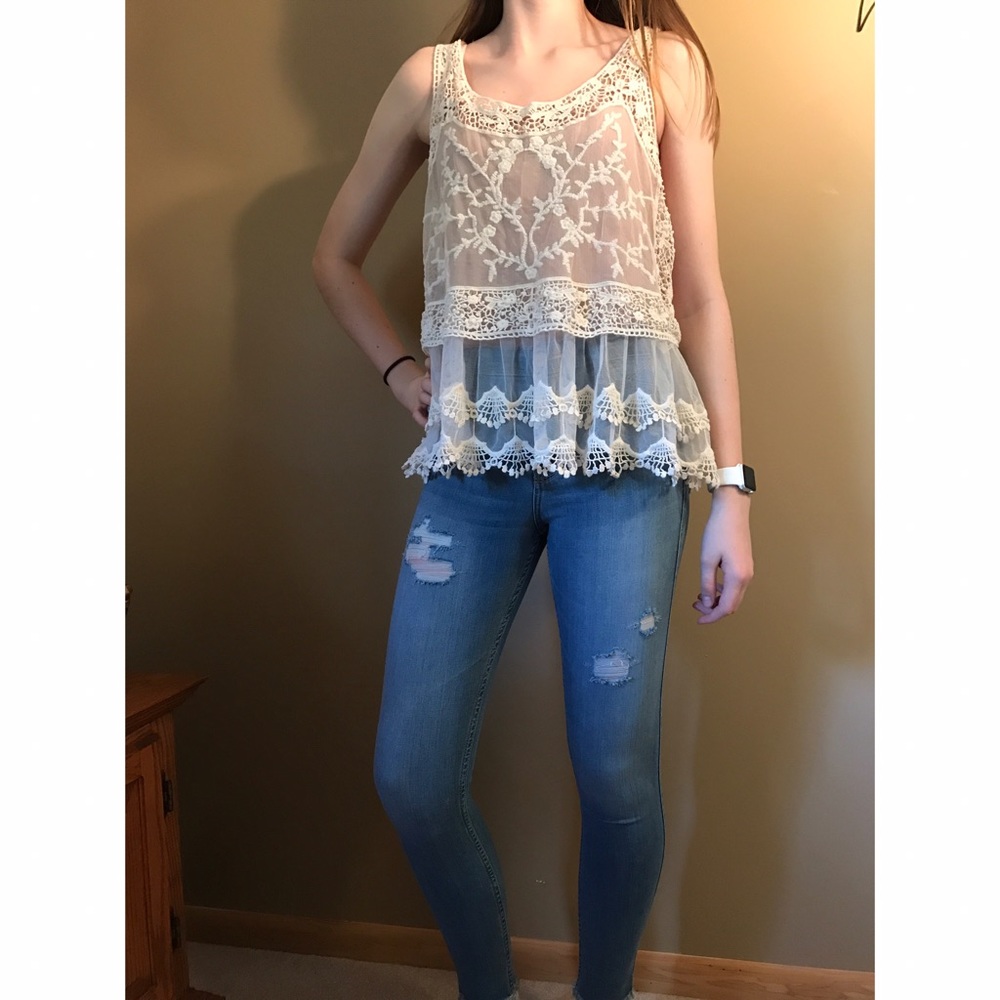 EXPRESS sheer lace and crochet tank top