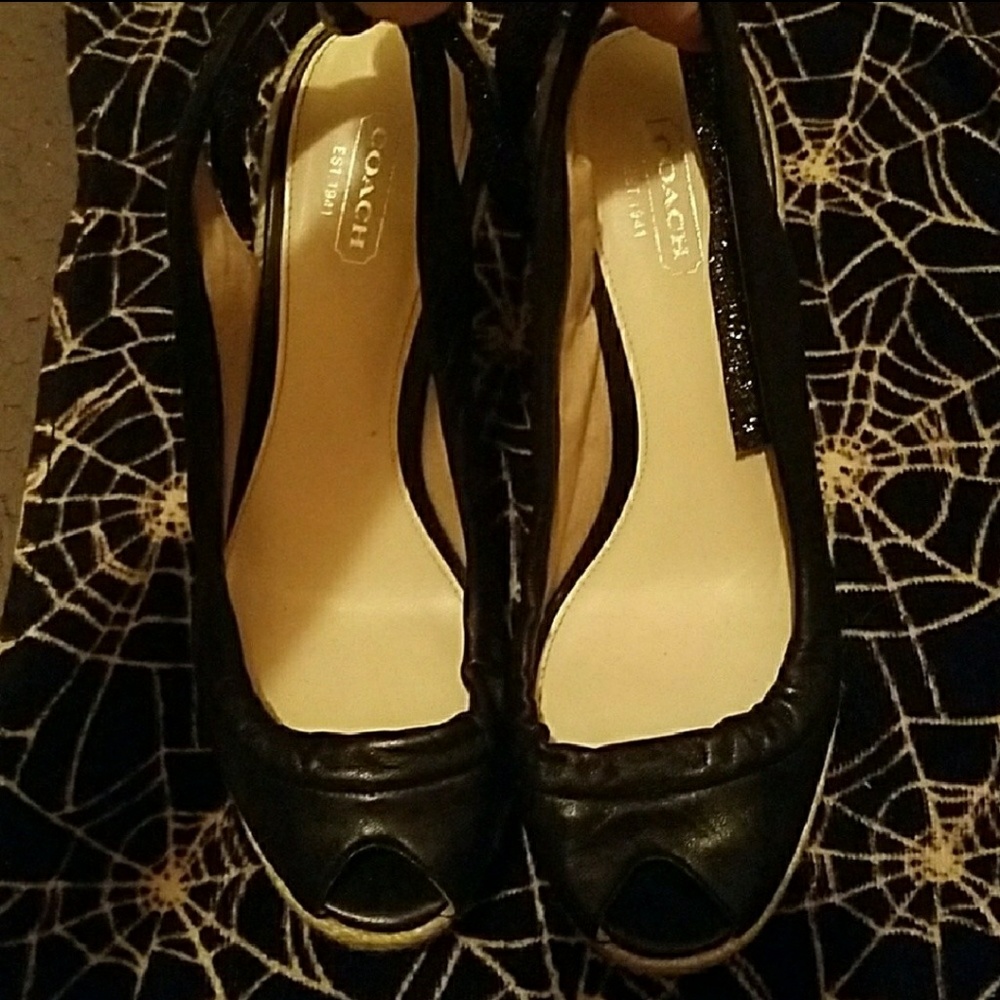 Coach Black Leather w/ Glitter Bow Tie Wedges !!