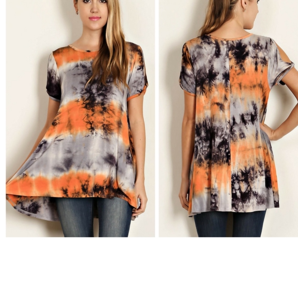 Orange Tie Dye-Cold Shoulder Knit Jersey Top