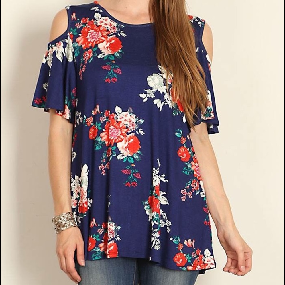Navy Cold Shoulder/Floral Print Top