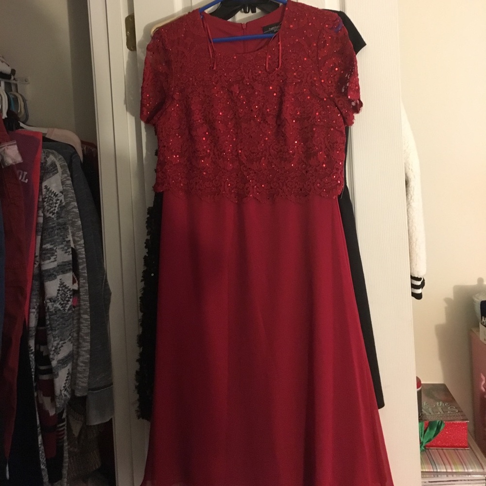 Red dress wth lace on the top half