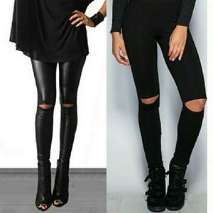 Black Leggings Cotton Stretch with Slit Knee