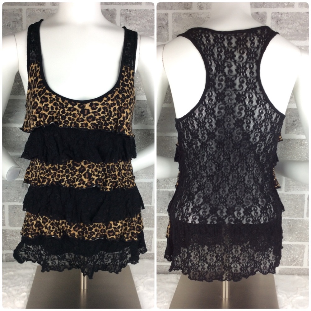 Virtuality Black Lace Animal Print Ruffle Shirt