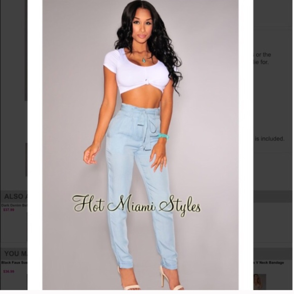 Hot Miami Styles denim belted high waisted pants