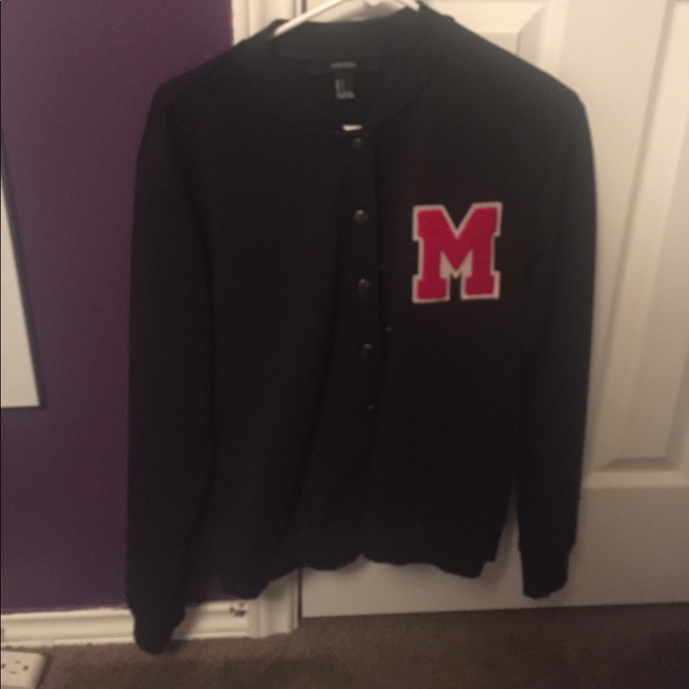 Black button up vintage-style varsity jacket.