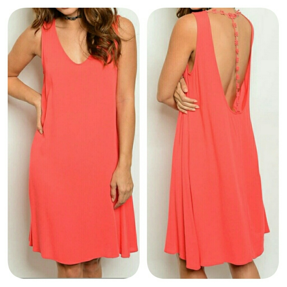 Open back orange coral tunic dress lace detail only 1 SMALL left Made in USA