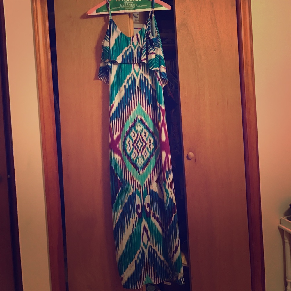 Multi colored maxi dress with low sexy back.