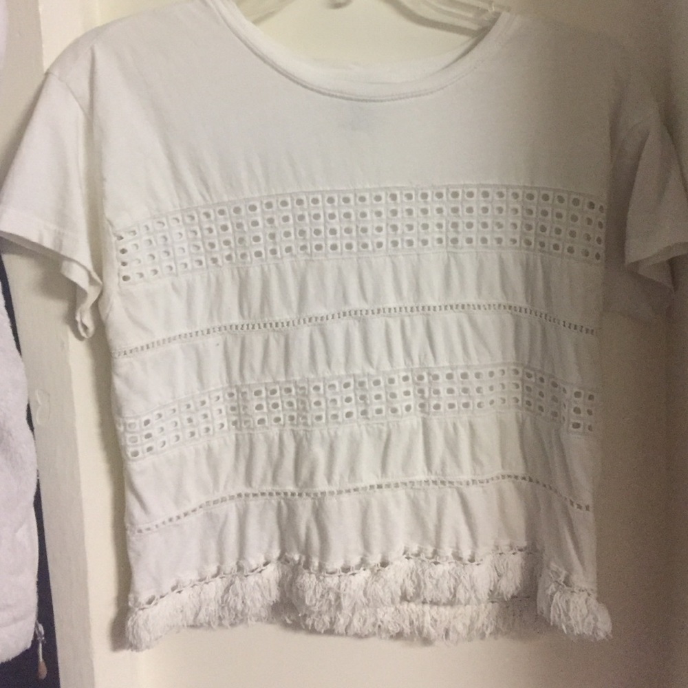White eyelet and fringe crop top