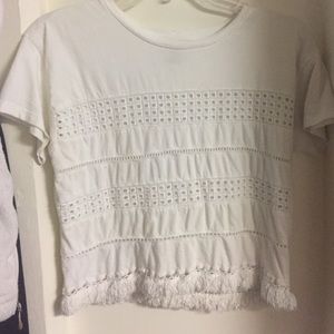 White eyelet and fringe crop top