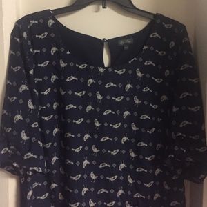 Dark navy blue bird print shift dress