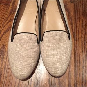 J. Crew tan linen flats with black detail