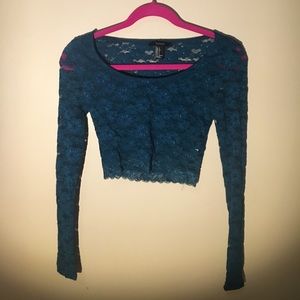 Teal lace long sleeve crop top