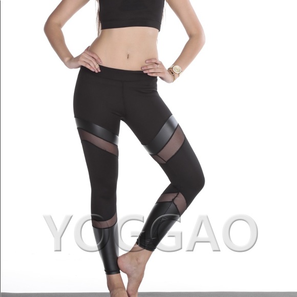 YOGGAO  Mesh  with Leather Black Leggings🧘‍♀️👙💕 - Picture 2 of 8