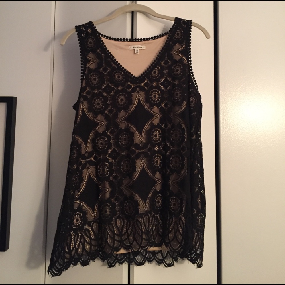 Max Studio Black Lace Overlay Top XS