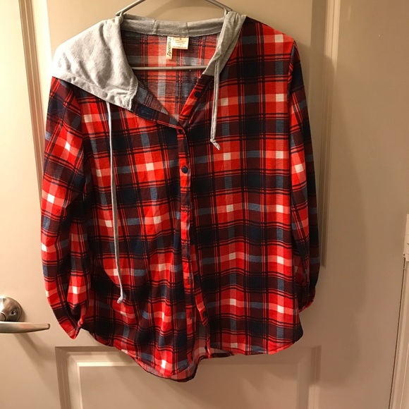 Plaid button up with hood - Picture 1 of 4