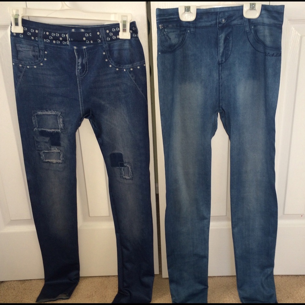 TWO PAIRS OF JEAN PRINT LEGGINGS