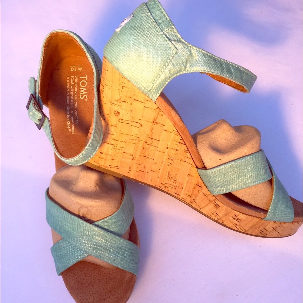 TOMS Strappy Wedge Sz 10, Turq Metallic Linen, NEW