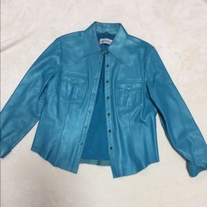 Turquoise leather jacket with snap front closure
